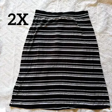 Ava & Viv [ 2X ] 플레어 스커트 블랙/화이트 보더 롱