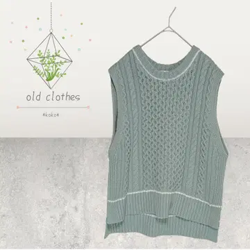 THE SHOP TK 케이블 니트 베스트 M 그린 레이어드 내추럴