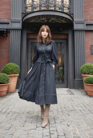 허리 리본 포함 셔츠 원피스 Her lip to