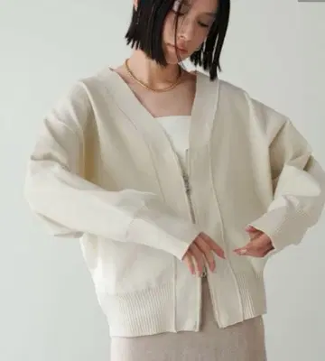 미사용 LARUTA 아이보리 폴리 니트 컴팩트 더블 지퍼 가디건 F