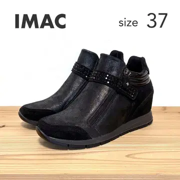 새상품급 IMAC 사이드 지퍼 큐빅 인힐 스니커즈 가죽 블랙