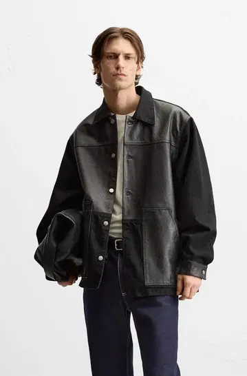 25SS ZARA 콤비 가죽 데님 자켓 커버올 S