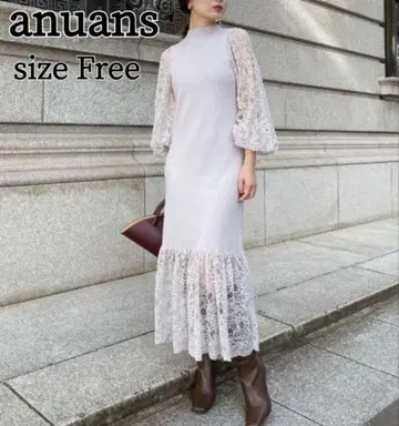 anuans 스캘럽 레이스 도킹 니트 원피스 롱 프리