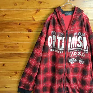 BEAUMERE 보메 후드티 레드 블랙 Y2K 타탄 체크 4XL