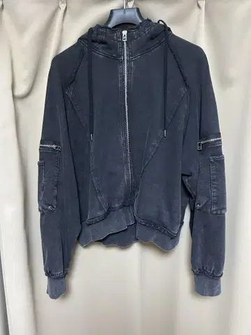 HARE 피그먼트 더블 포켓 ZIP 후드티 블랙