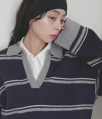 LIAN 알파카 터치 보더 폴로 니트
