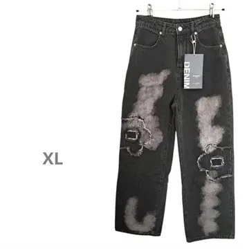 새상품 오버 사이즈 블랙 데님 꽃무늬 크러쉬 데미지 블리치 XL 블랙