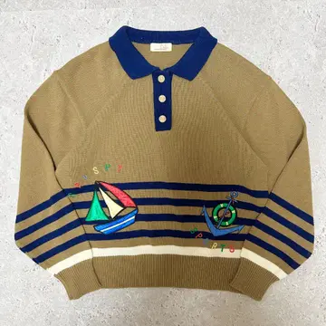 니트 폴로 자수 베이지 레트로 M 사이즈 상당 여성용 Crispy