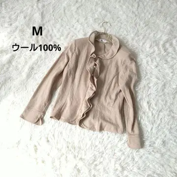 밴드 카라 프릴 장식 펄 버튼 긴팔 가디건 M 울 100%