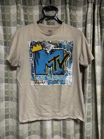구제 의류 반팔 T셔츠 남성용 MTV 코튼 크루넥 베이지 M 사이즈