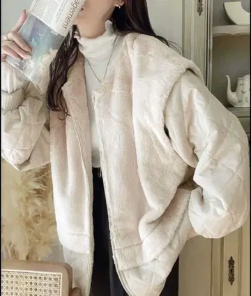 클래식 엘프 퍼 x 퀼팅 절개 지퍼 블루종