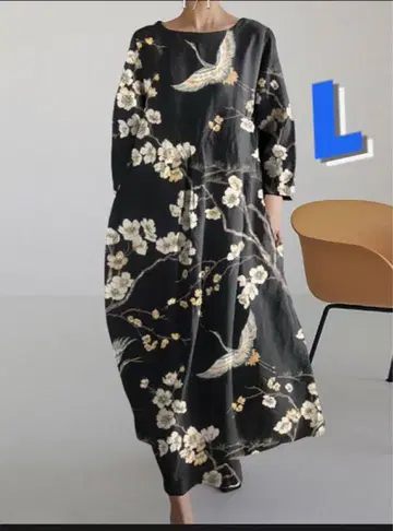 일본풍 패턴 학과 벚꽃 롱 원피스 블랙 베이스 L