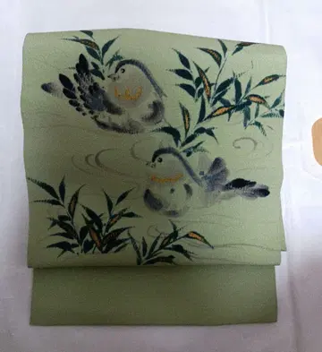 야마시나 슌센 나고야 오비 원앙 그린 순수 실크 새상품급
