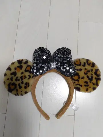레오파드 무늬 귀 머리띠 라메 리본 레오파드