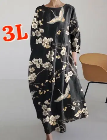 일본풍 패턴 학과 벚꽃 꽃 롱 원피스 블랙 베이스 3L