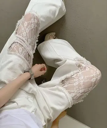 레이스 데미지 데님 팬츠