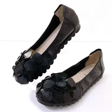 컨디션 최상 에스타시온 꽃 모티브 플랫슈즈 천연 가죽 블랙 24cm