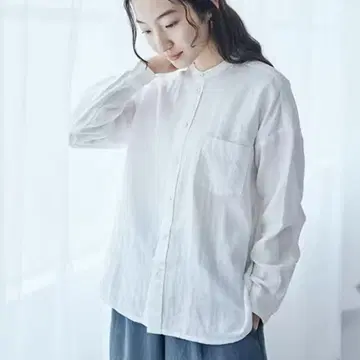 나카가와 마사시치 상점 면린넨 거즈의 휴일 셔츠 밴드 카라 화이트 노카라