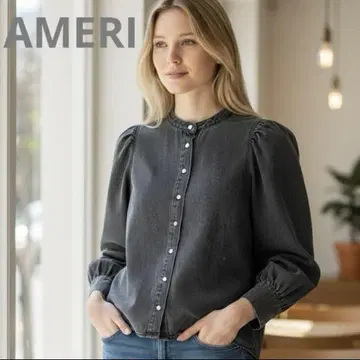 AMERI 아메리 데님 퍼피 블라우스 워시 그레이