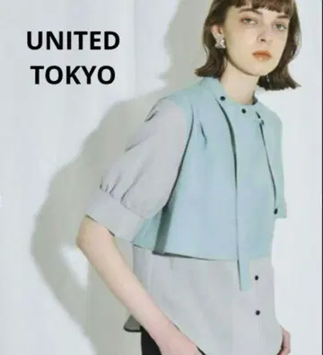 UNITED TOKYO 하프 타이 숏 볼륨 소매 블라우스 블루