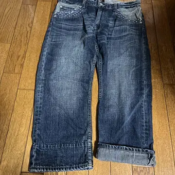 다크 블루 롤업 데님 팬츠