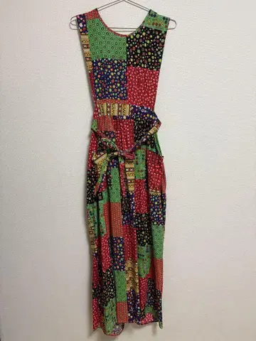 70s 패치워크 패턴 에이프런 원피스 vintage