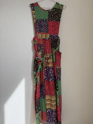 70s 패치워크 패턴 에이프런 원피스 vintage