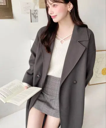 moment+ 니트 멜톤 사이드 슬릿 롱 체스터 코트