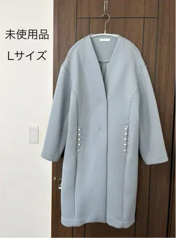 [ 미사용품 ] 펄 장식 포켓 본딩 코트 블루 그레이 L 사이즈