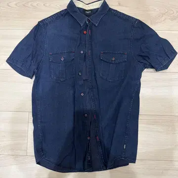 ARMANI JEANS 다크 블루 반팔 데님 셔츠