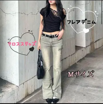 새상품 크로스 디자인 플레어 데님 여성용 한국 Y2K