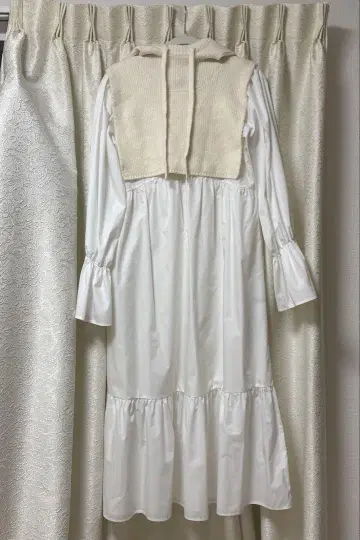 wcloset 후드 니트 베스트 & 티어드 원피스 SET
