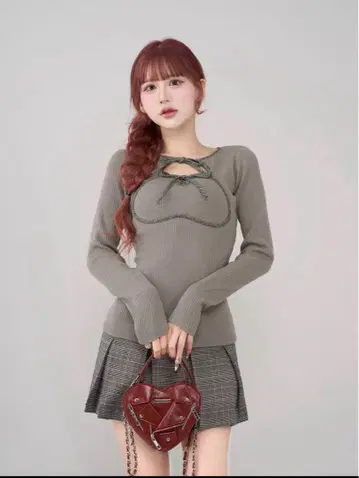 포인트 체크 니트 미니 원피스 그레이 Darich