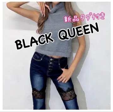 BLACK QUEEN 스키니 데님 레이스 절개