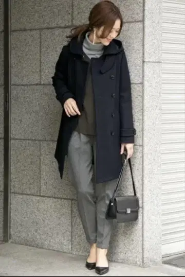 DOORS 네이비 후드 부착 롱 코트