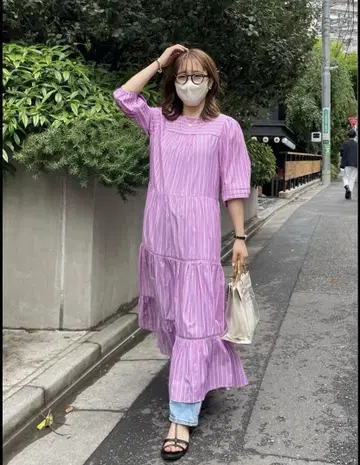naturalcouture 스트라이프 패턴 긴팔 티어드 드레스 (핑크)