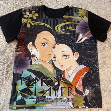 USED 귀멸의 칼날 캐릭터 티셔츠 탄지로&네즈코 블랙 L 사이즈