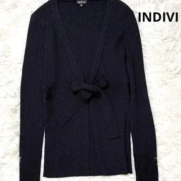 INDIVI 리브 니트 긴팔 가디건 V넥 끈 리본 38 블랙