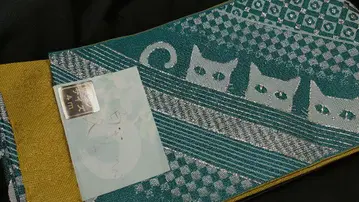 고양이 패턴 청록색 겨자색 라메 반폭 오비