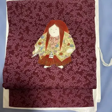 앤티크 나고야 오비 보라색 꽃무늬 인형 손으로 그린 염색