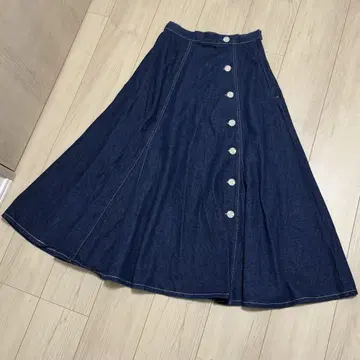 MISCH MASCH 데님 롱 스커트 플레어 A라인 버튼 프론트