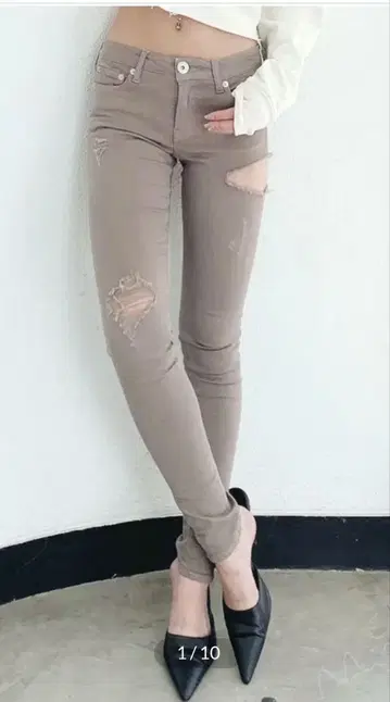 미사용 새상품 GYDA 베이지 사이드 데미지 스키니 데님 XS