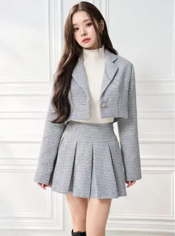 라메 트위드 자켓 x 플리츠 미니 스커트 셋업 S 그레이