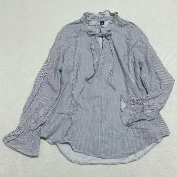 핀스트라이프 리본 타이 블라우스 프릴 넥 플레어 소매 깔끔 캐주얼 F