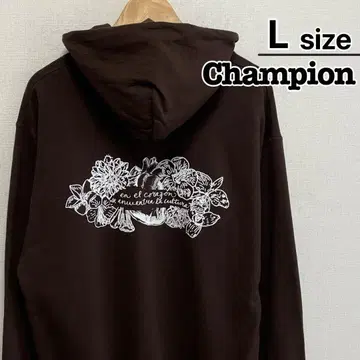Champion 후드티 L 브라운 풀오버 프린트 USA 구제 의류