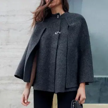ZARA 케이프 코트 다크 그레이 울 혼방 S 실버 후크