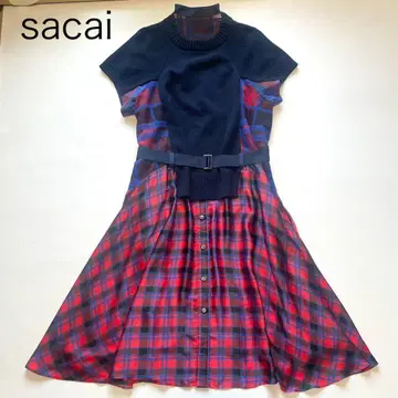 [ 사카이 ] 니트 도킹 원피스 롱 체크 네이비 빨간색