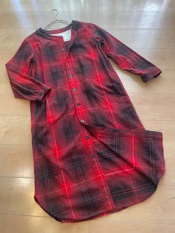 [ BEAMS BOY ] 체크 무늬 롱 셔츠 원피스 노카라