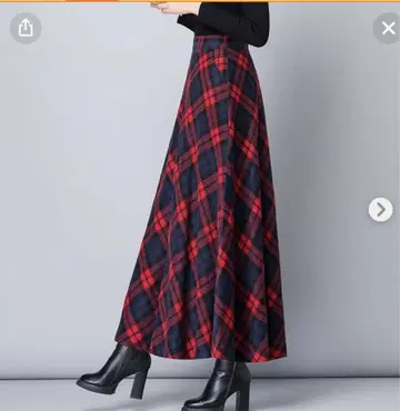 빨간색 체크 롱 스커트 XXL