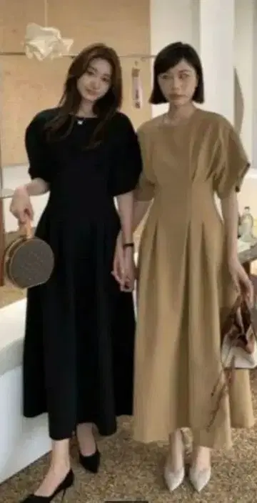 반팔 롱 원피스 블랙 베이지